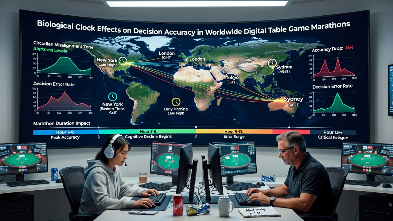 Data visualization showing decision accuracy fluctuations aligned with participant circadian rhythms during digital table game events