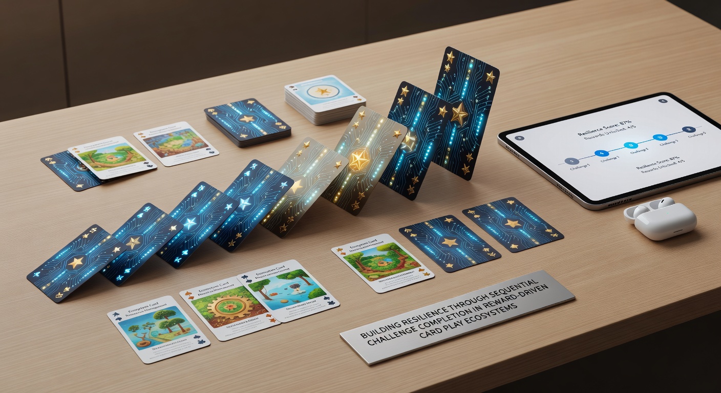 Illustration of layered card game interfaces showing progressive challenge tiers and reward markers in a digital ecosystem