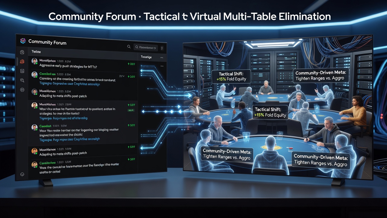 Players analyzing poker strategies in online community forums during multi-table tournaments