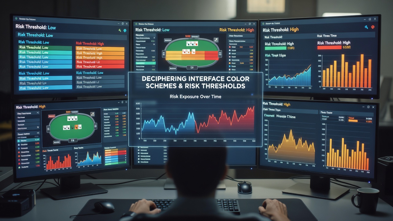 Poker interface color scheme analysis showing red and blue elements on a multi-table virtual screen