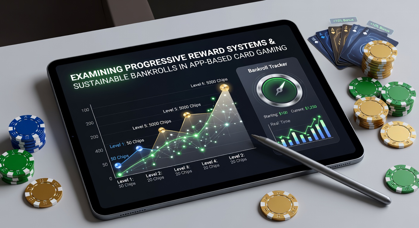 Mobile card gaming interface displaying progressive reward tiers and bankroll tracking tools