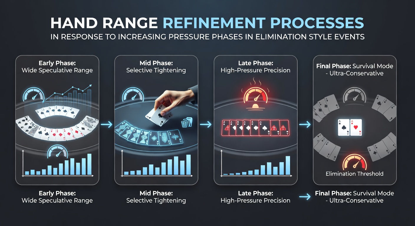 Poker tournament players adjusting strategies during high-pressure elimination phases at a felt table