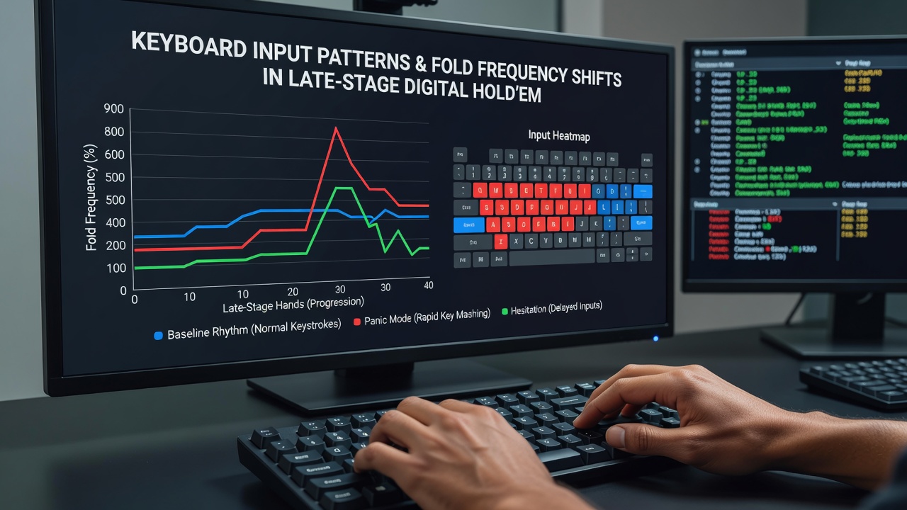 Close-up of keyboard inputs during intense late-stage poker decision making on different device sizes
