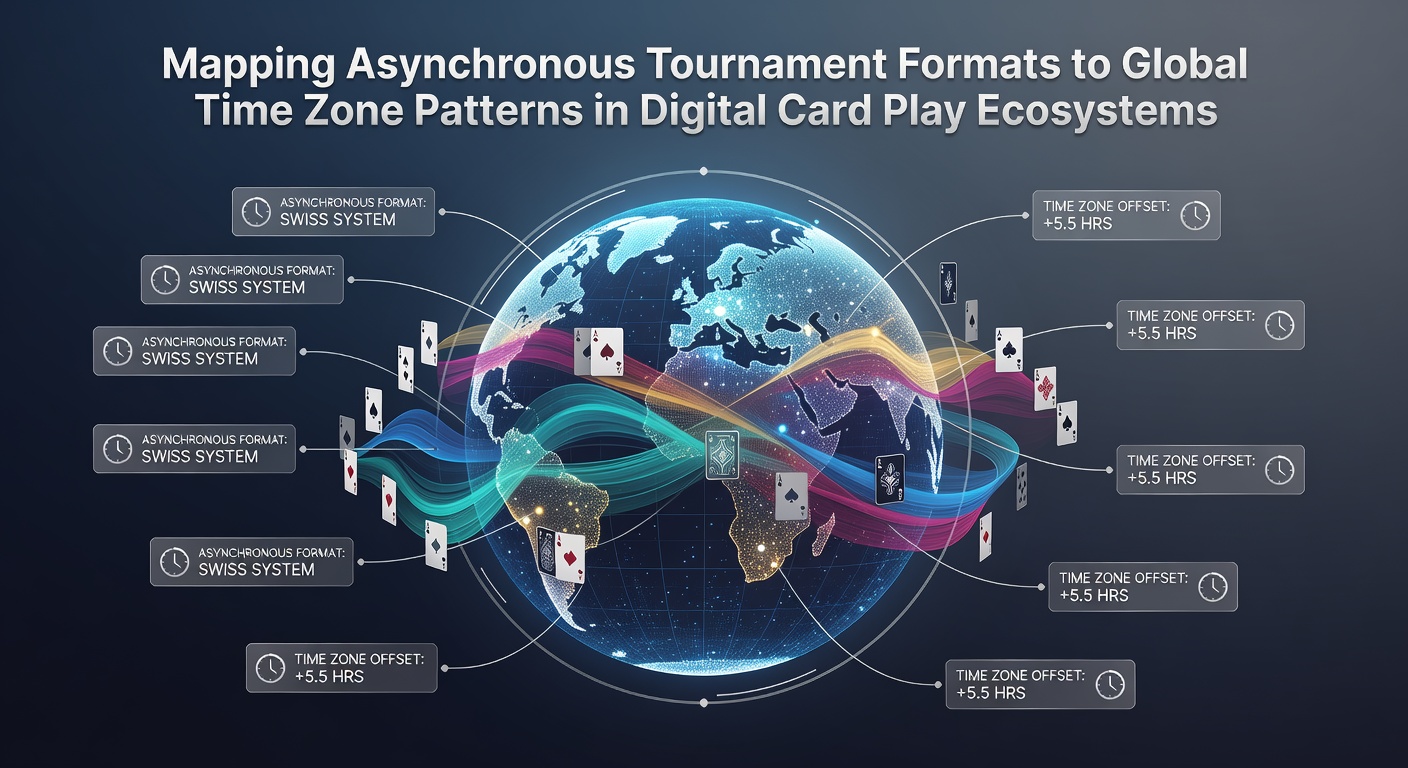 Global time zone map overlaid with digital card tournament schedules showing participation peaks across continents