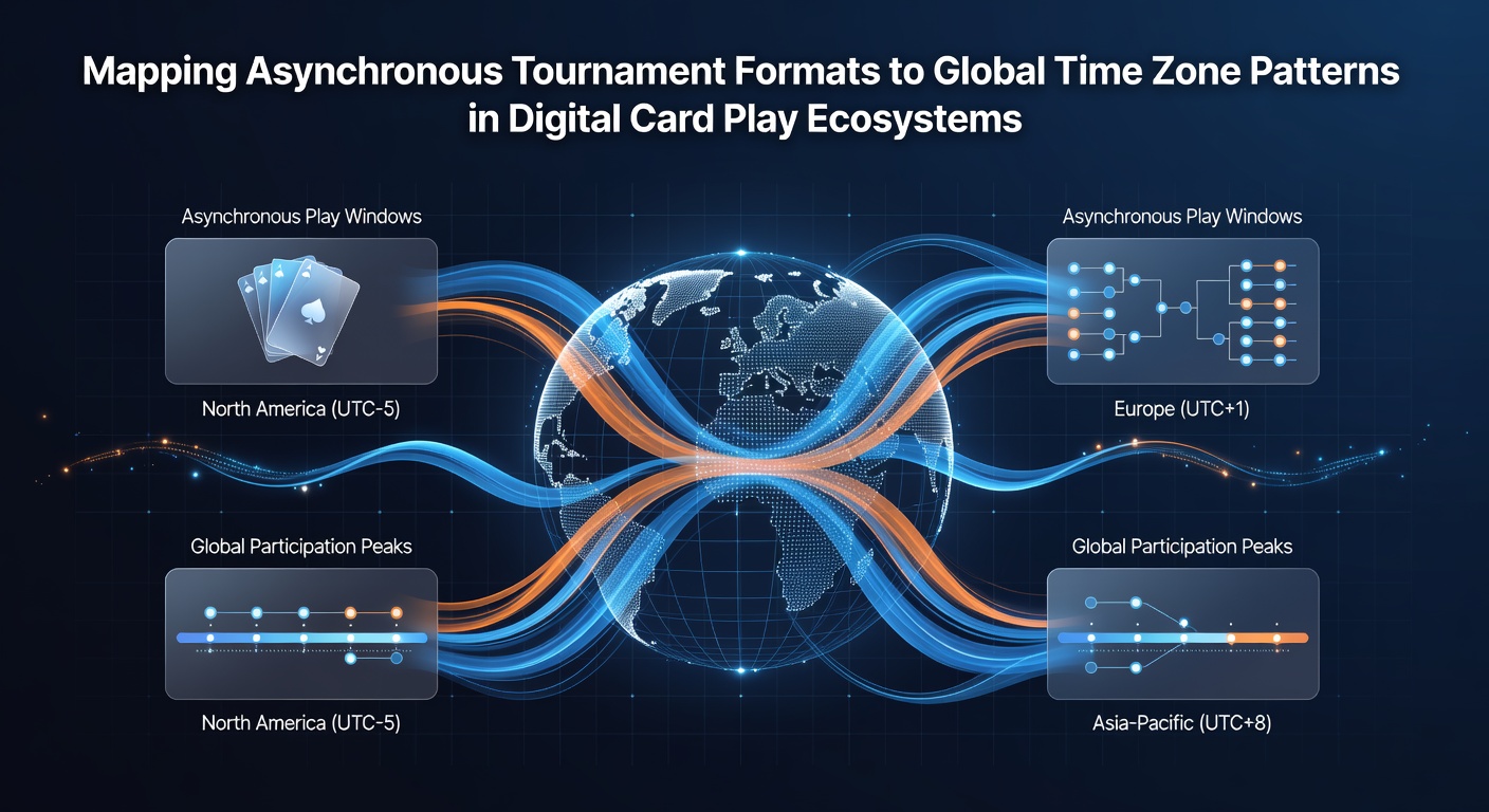 Analytics dashboard displaying time zone heat maps and asynchronous tournament completion rates for digital card platforms