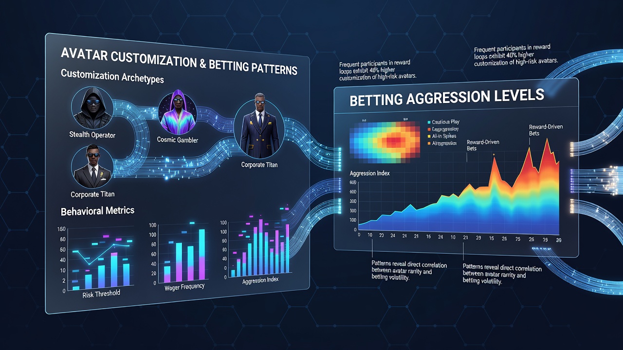 Digital card game interface showing varied avatar customizations alongside betting metrics in a reward-based network