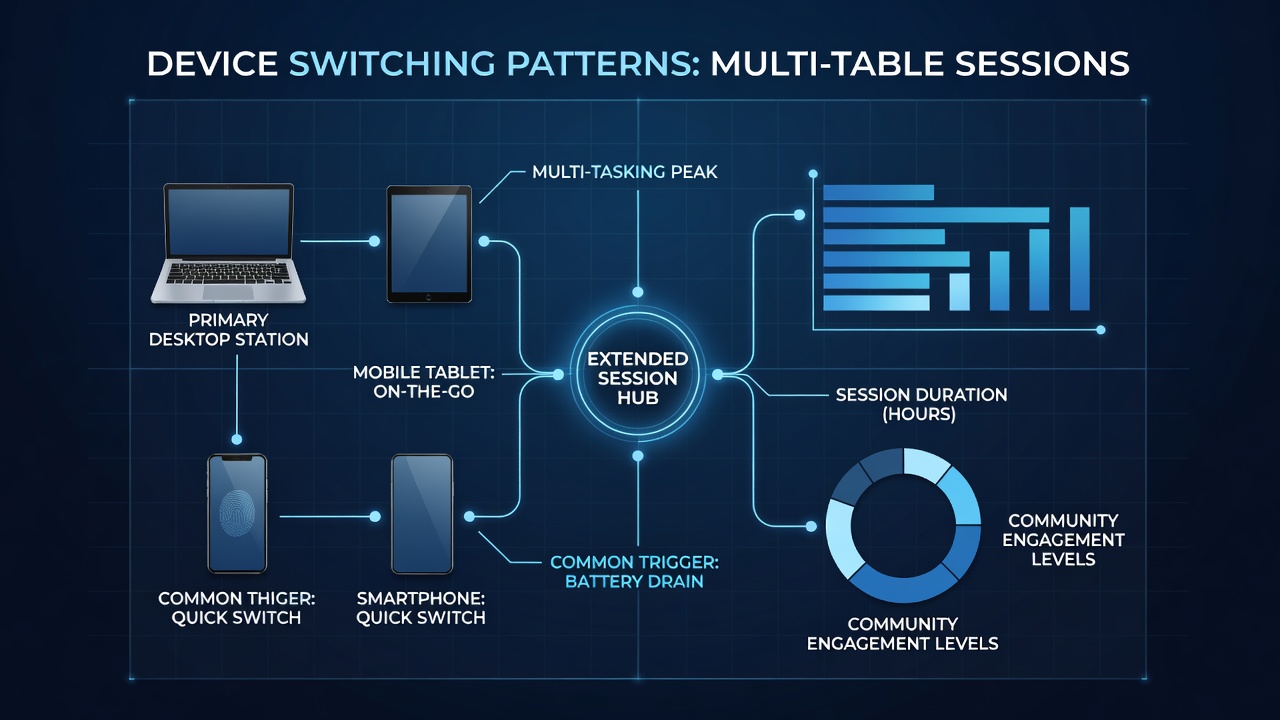 Players engaging in multi-table online poker sessions across multiple devices including desktop, tablet, and mobile