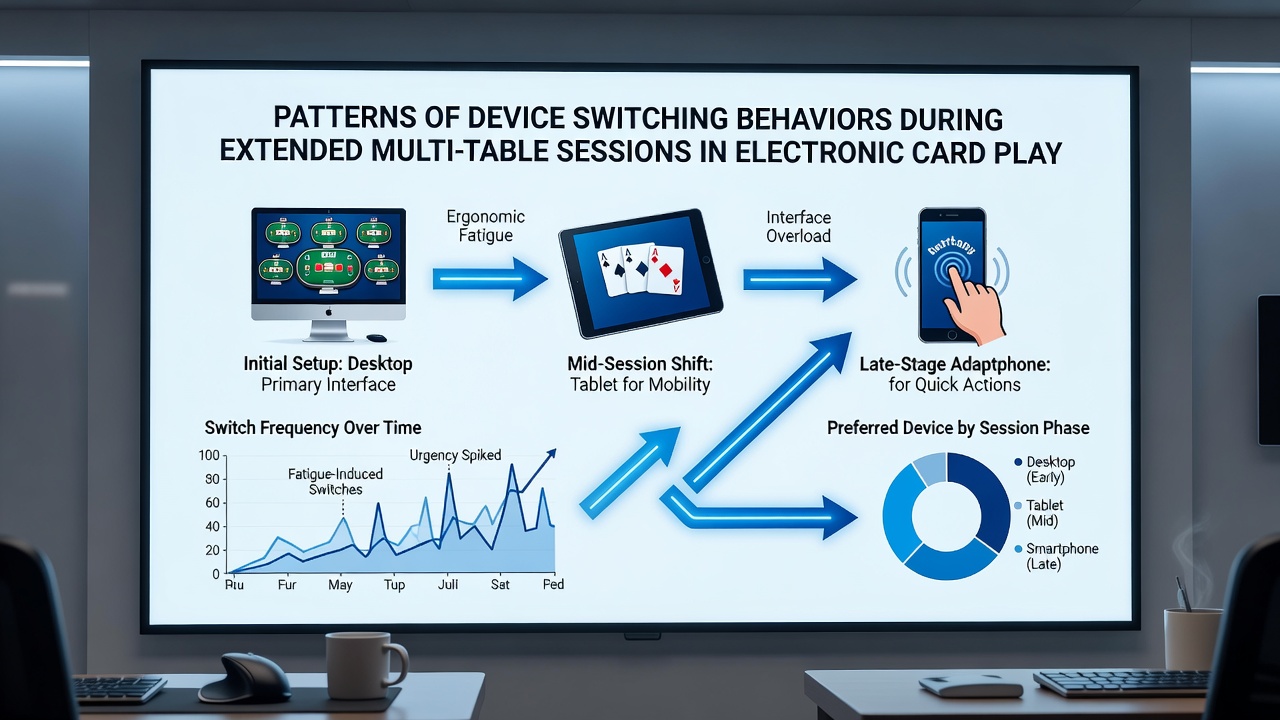 Close-up view of poker software interfaces displayed simultaneously on a laptop and a tablet during an extended session