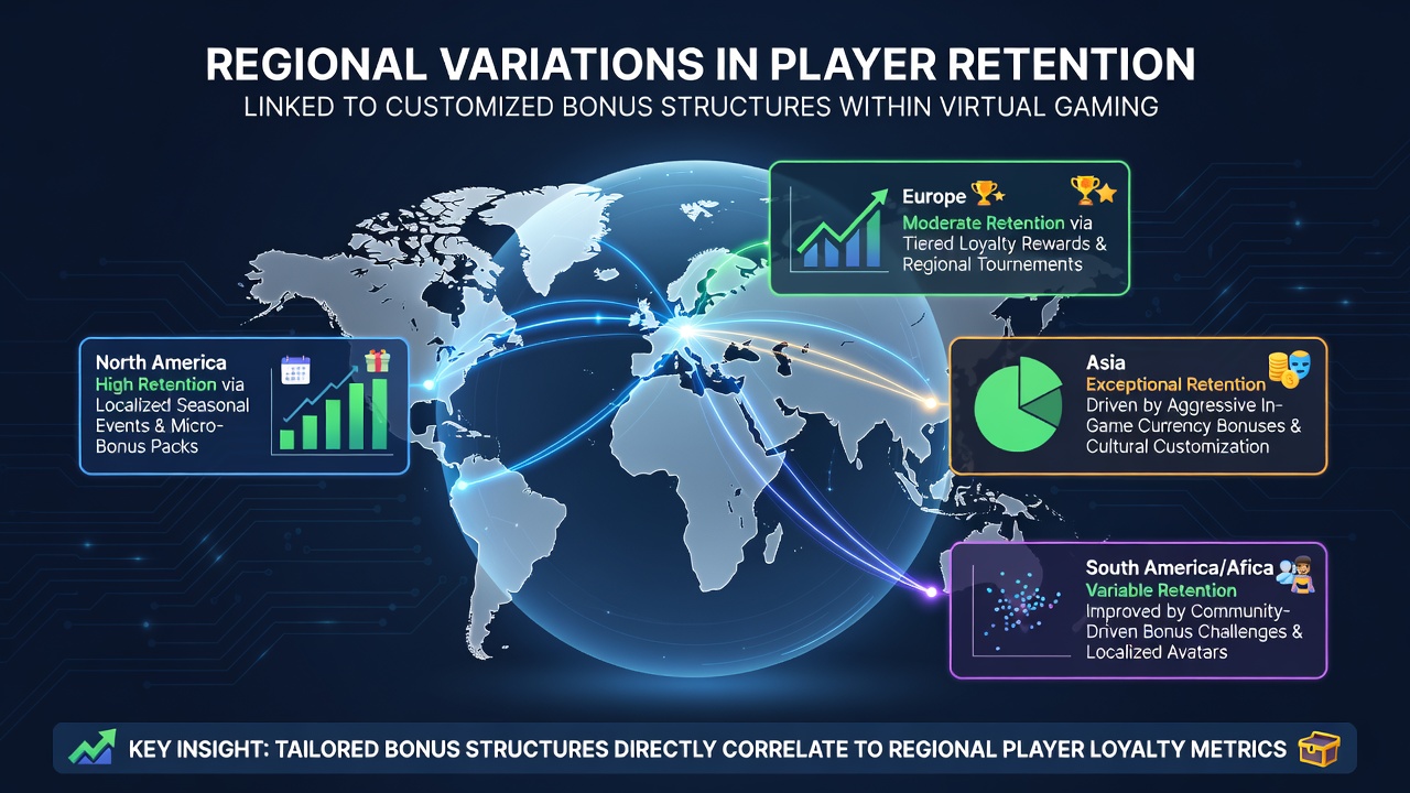 Map highlighting retention differences in virtual gaming communities across Asia-Pacific and European regions with bonus structure overlays
