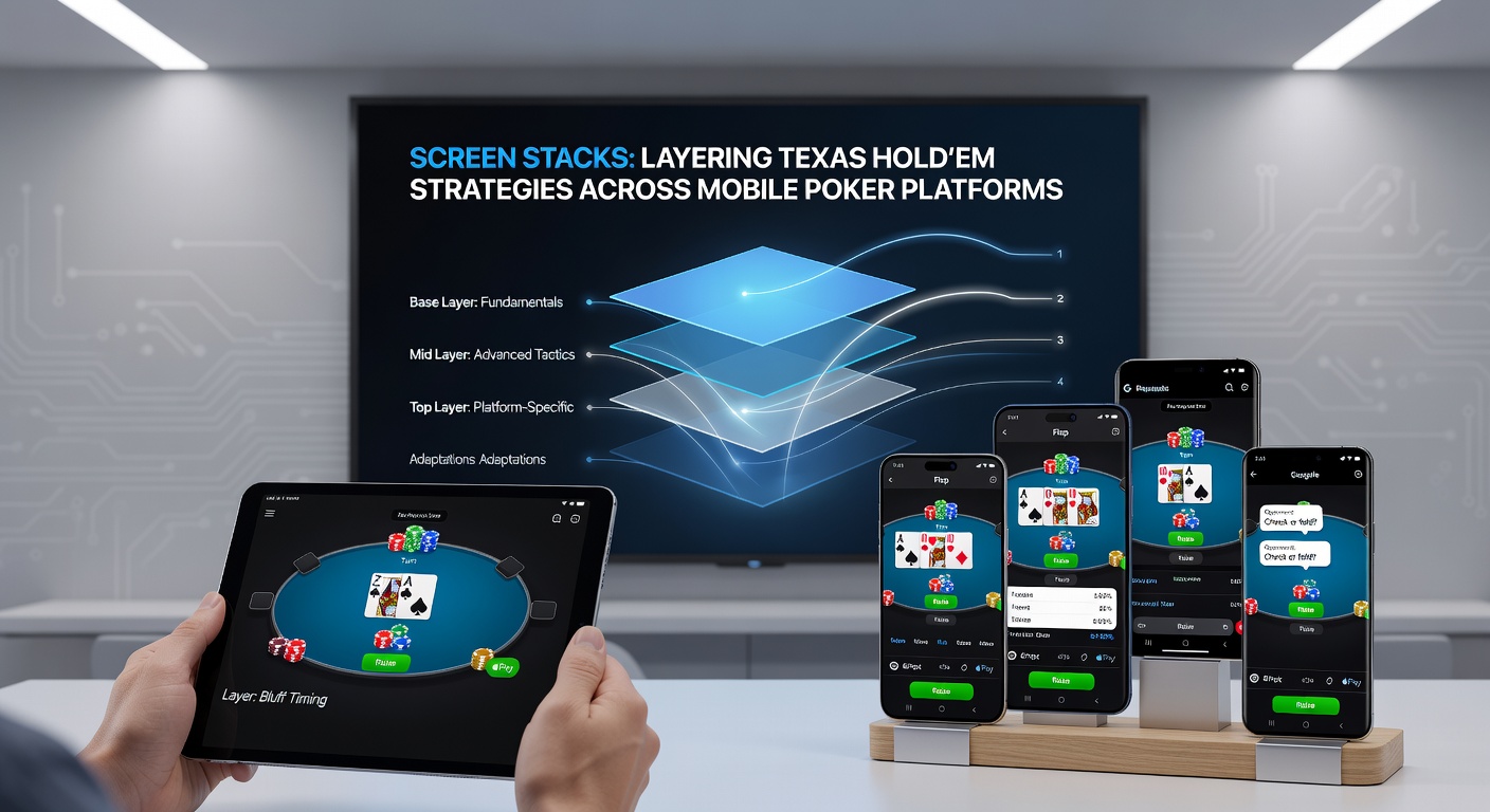 Close-up of a poker pro's hand managing stacked mobile screens with Texas Hold'em action unfolding across apps