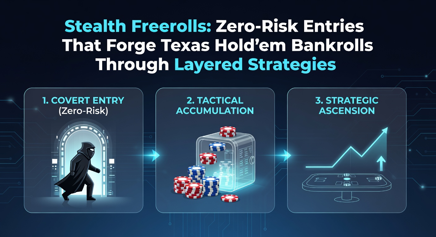 Close-up of Texas Hold'em chips stacked beside a freeroll tournament bracket on a poker app interface