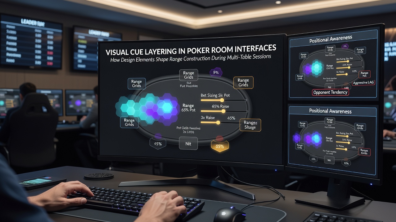 Poker room interface showing layered visual cues for range construction during multi-table sessions